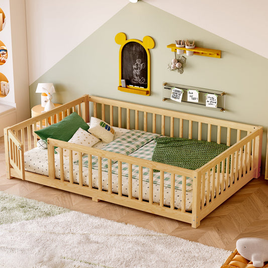 Full Size Bed Floor Bed with Safety Guardrails and Door for Kids, Natural(Old SKU:  W1580P154627)
