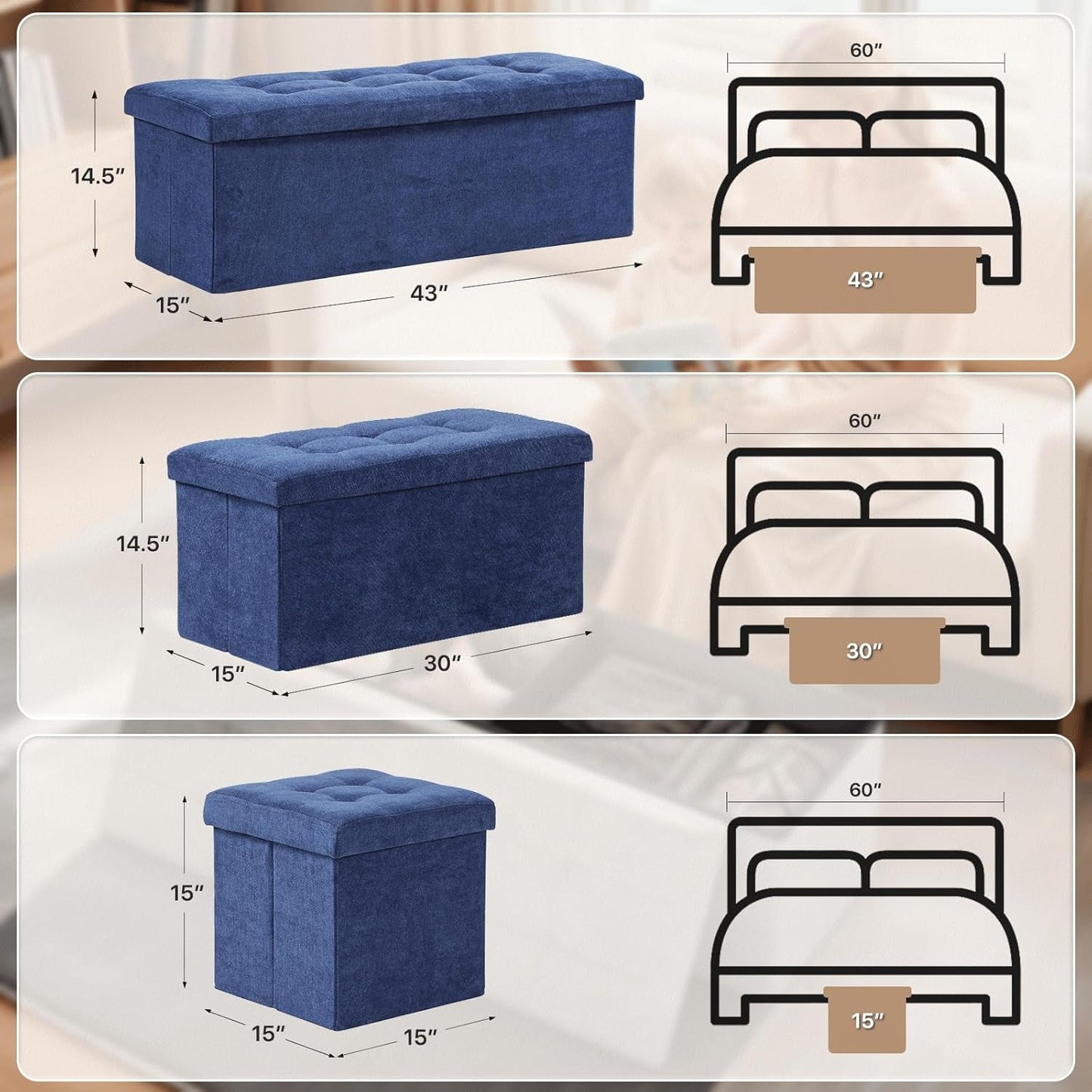 Navy Blue Folding Storage Ottoman Organizer 43Inch