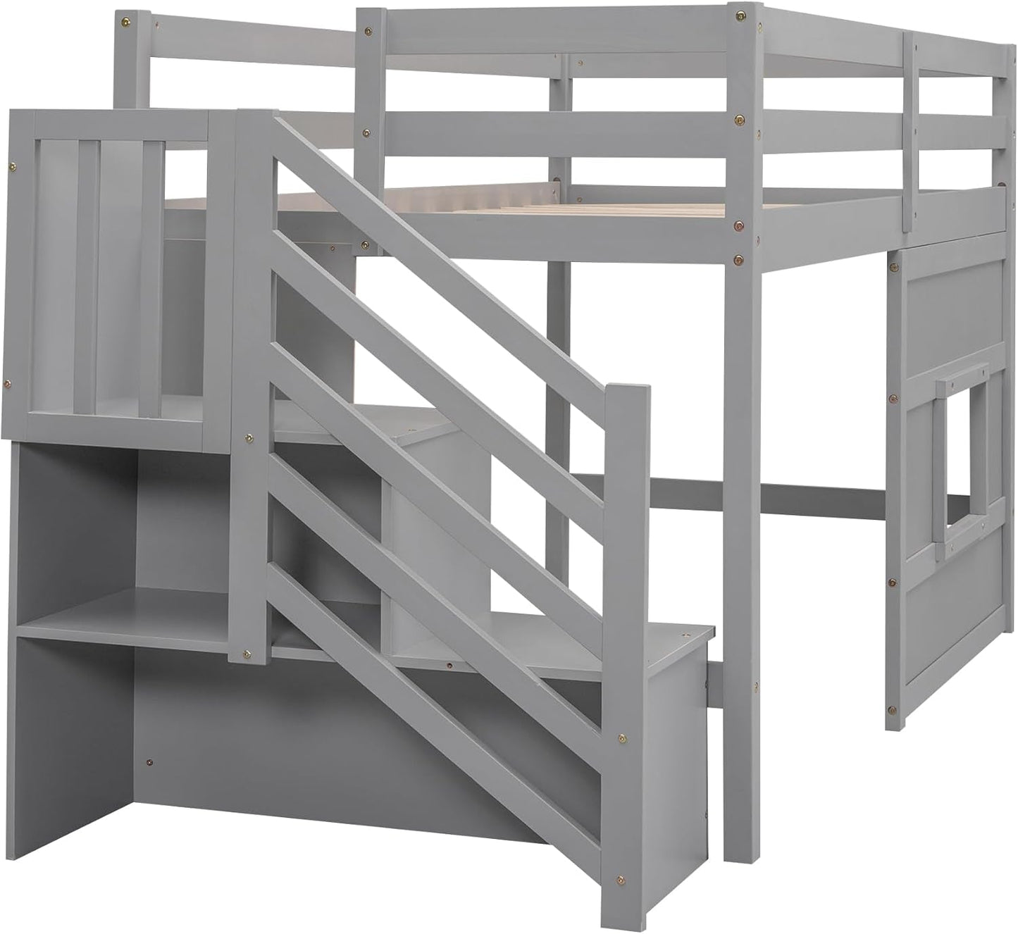 Twin Size Low Loft Bed In Gray With Stairs Storage