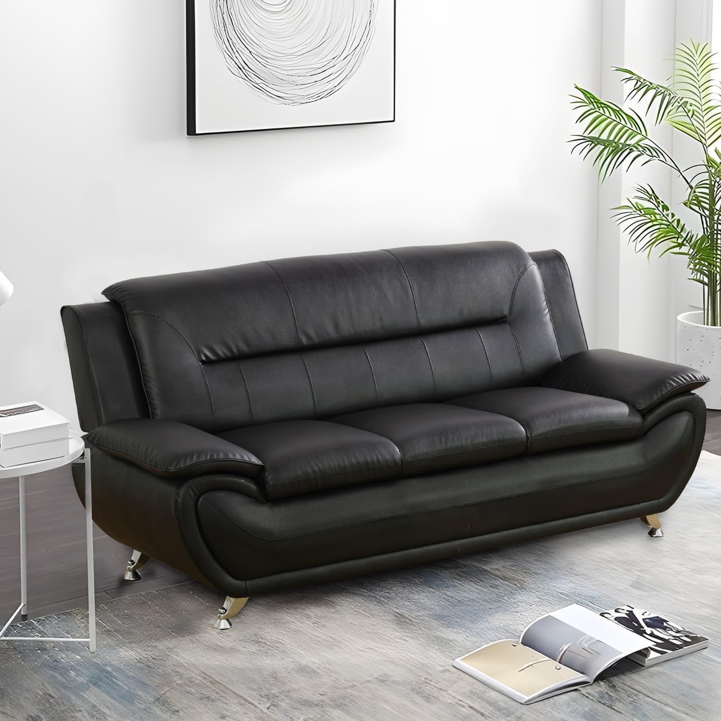 Black Faux Leather Sofa Loveseat 2 Piece Living Room Set