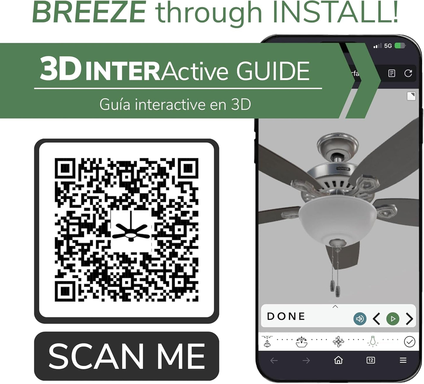 Builder Deluxe 52 Inch Brushed Nickel Indoor Ceiling Fan 3D interactive installation guide with QR code.