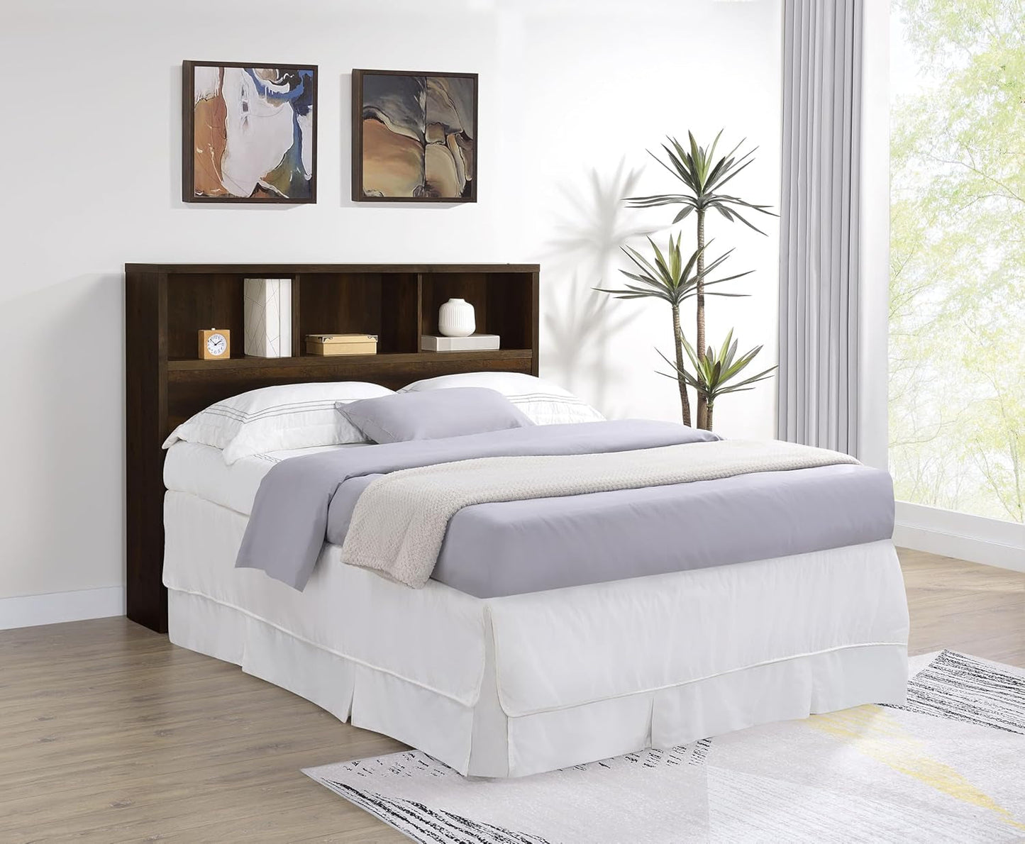 Queen Bookcase Headboard with Dark Pine Finish
