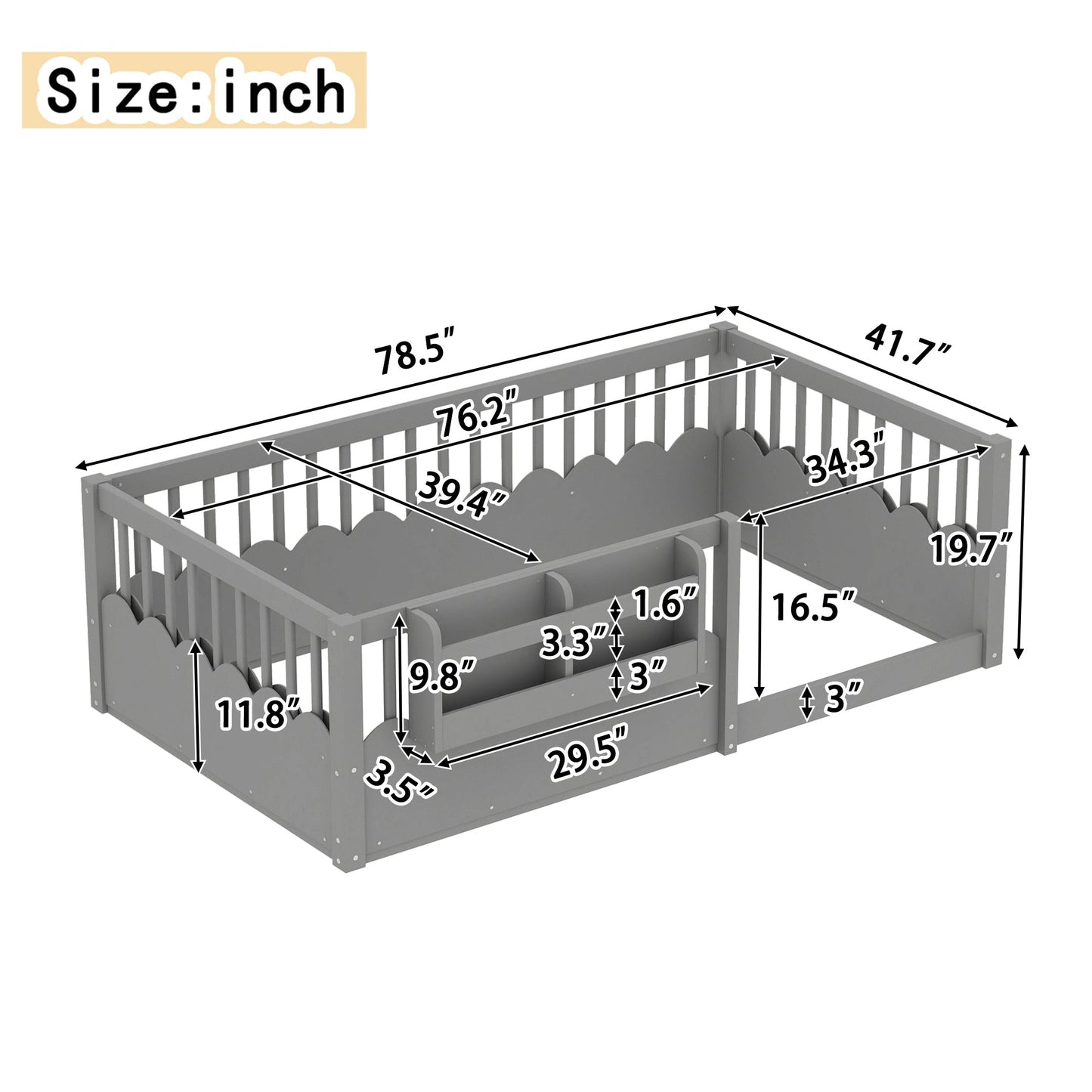 Twin Floor bed with Heightened Fence and bookshelf ,Wood Floor Bed for Kids, Gray.