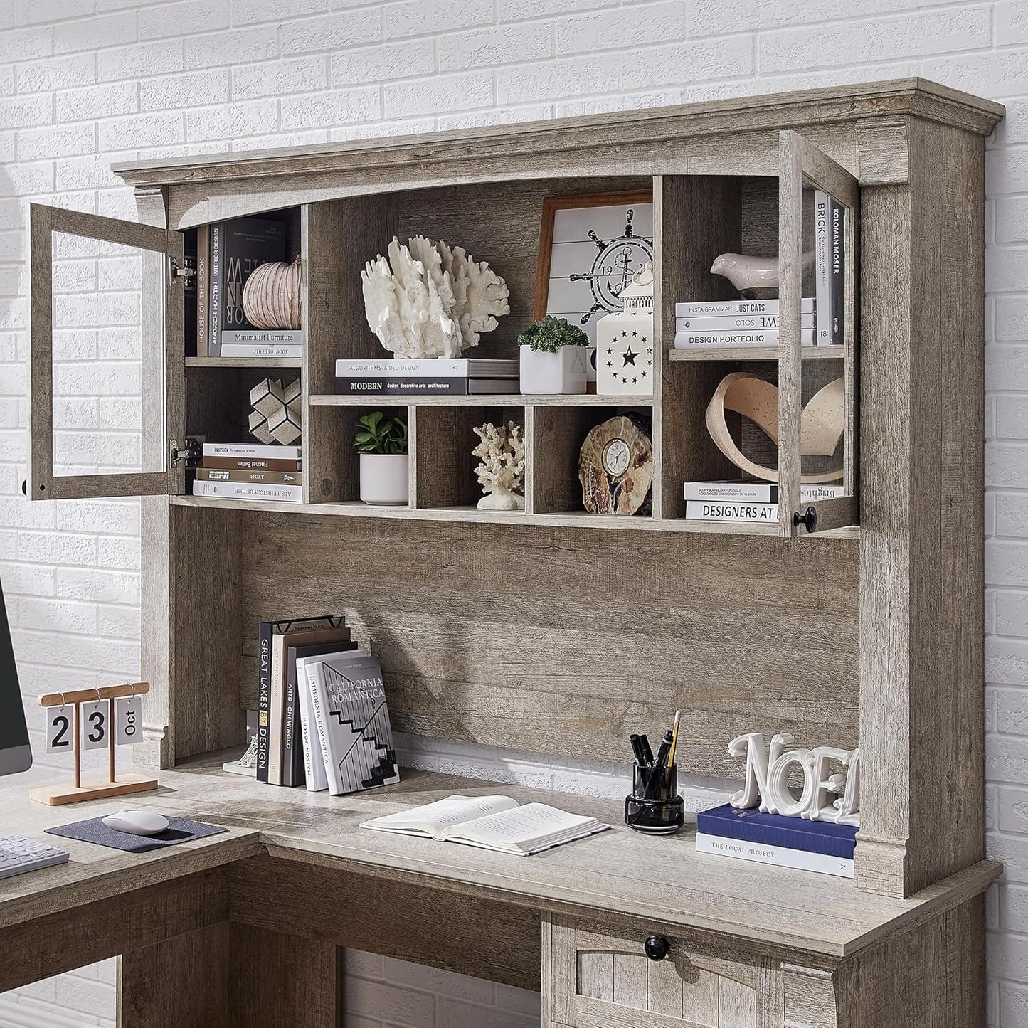 60-Inch L-Shaped Desk With Hutch Light Rustic Oak Finish