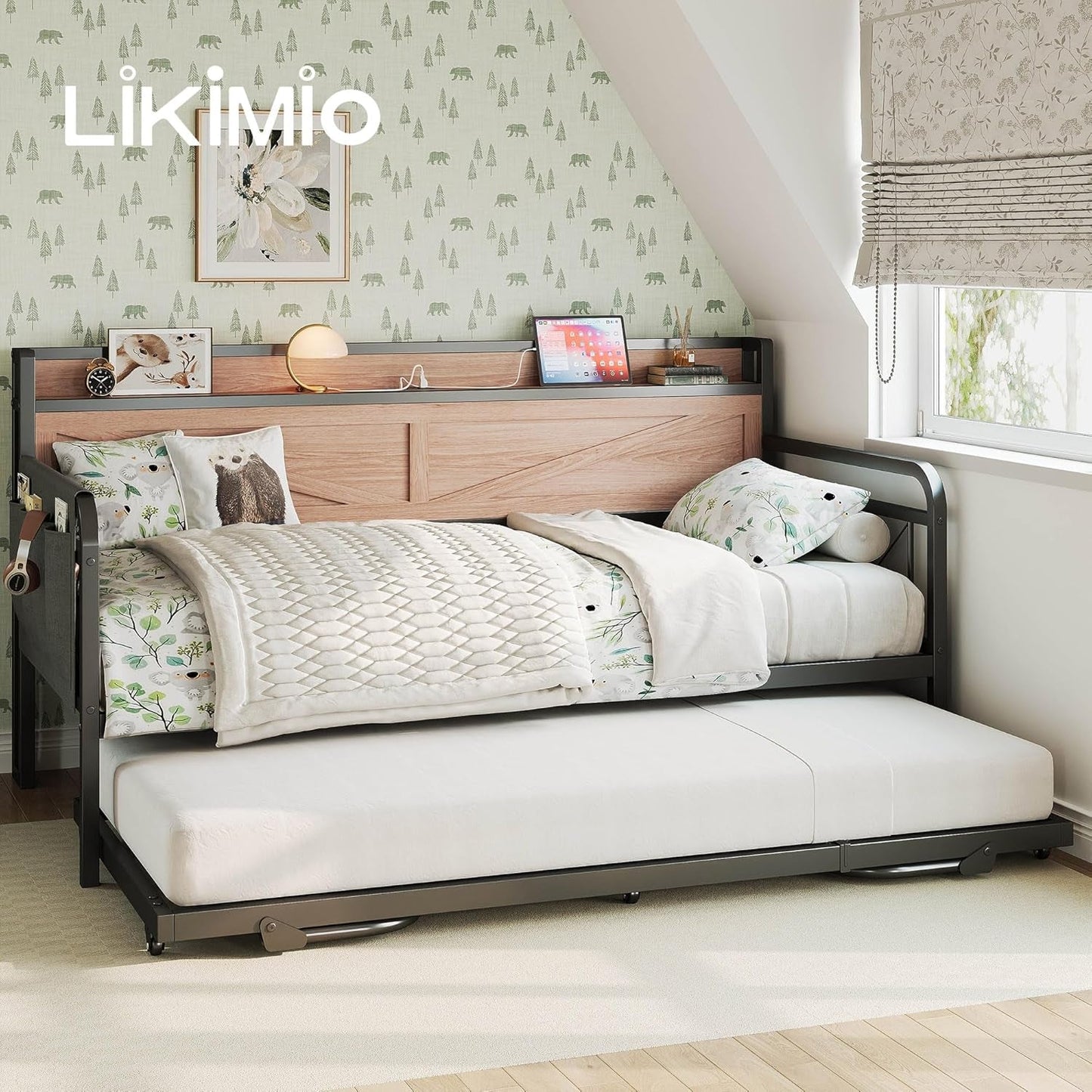 Twin Daybed With Trundle And Charging Station In Natural Wood
