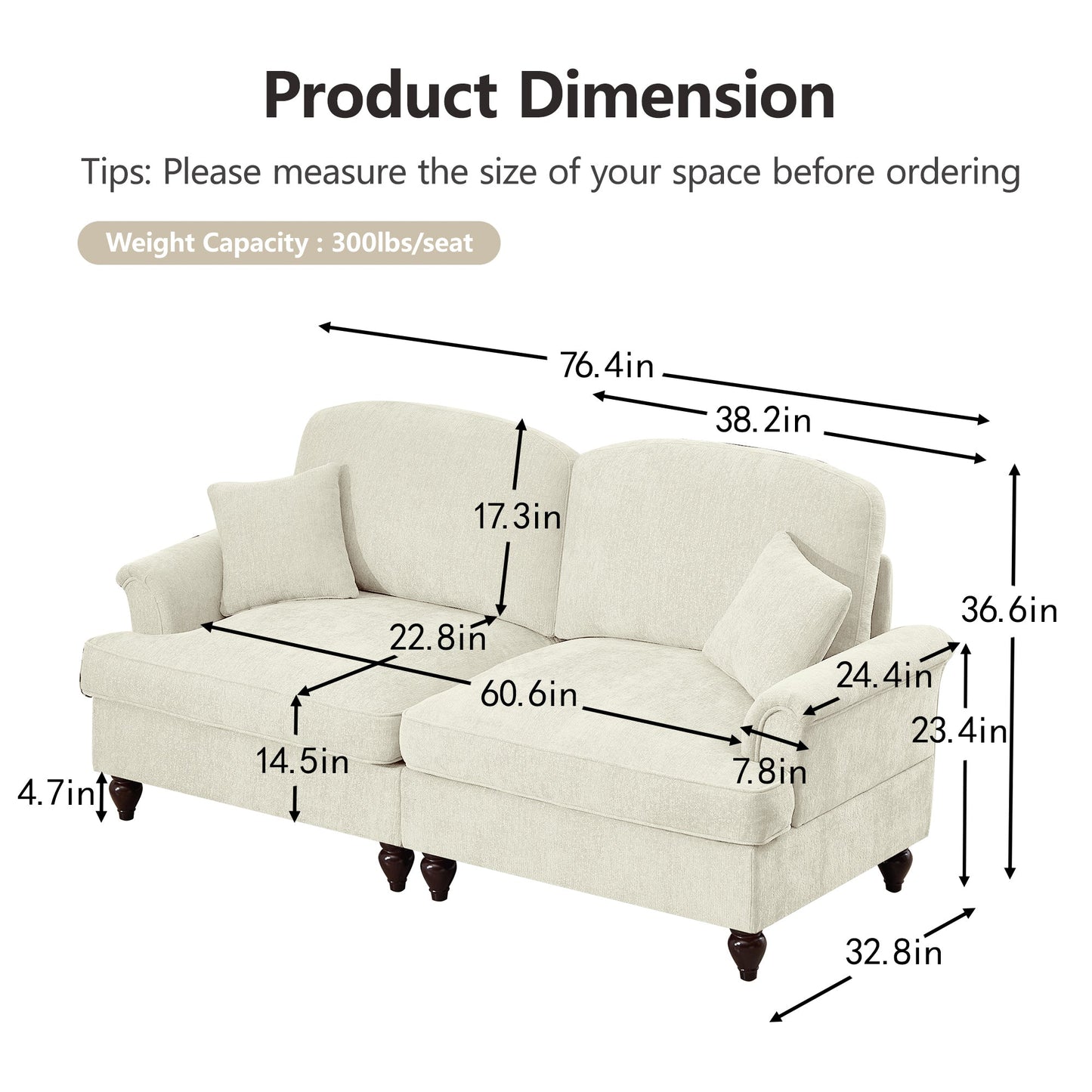 Classic 2 Piece Modular Couch Living Room Sofa Set with Flared Arms and Removable Ruffles Pleats Skirts and Spindle Legs, 2 Seater Sofa + 2-Seat Loveseat Sofa Sets for Living Room, Beige White