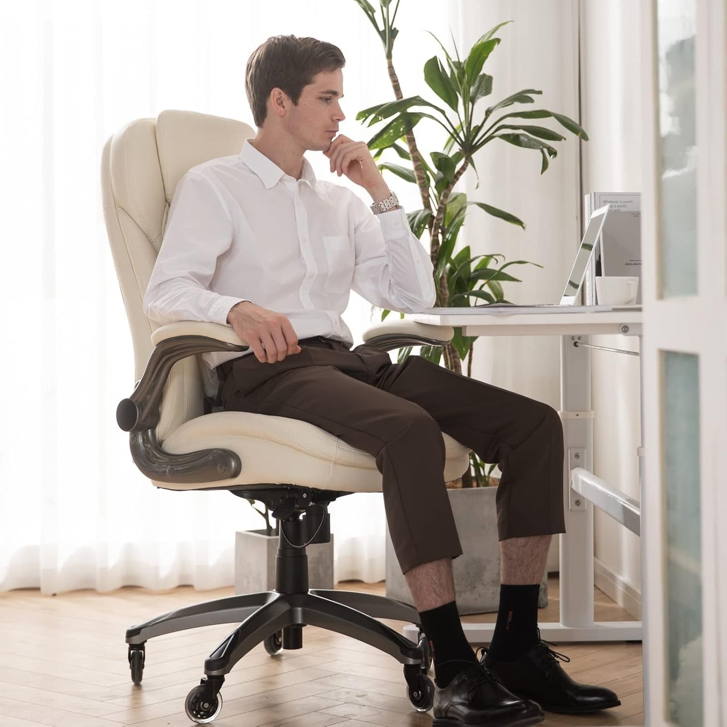 Ivory Ergonomic High Back Office Chair With Leather Seat