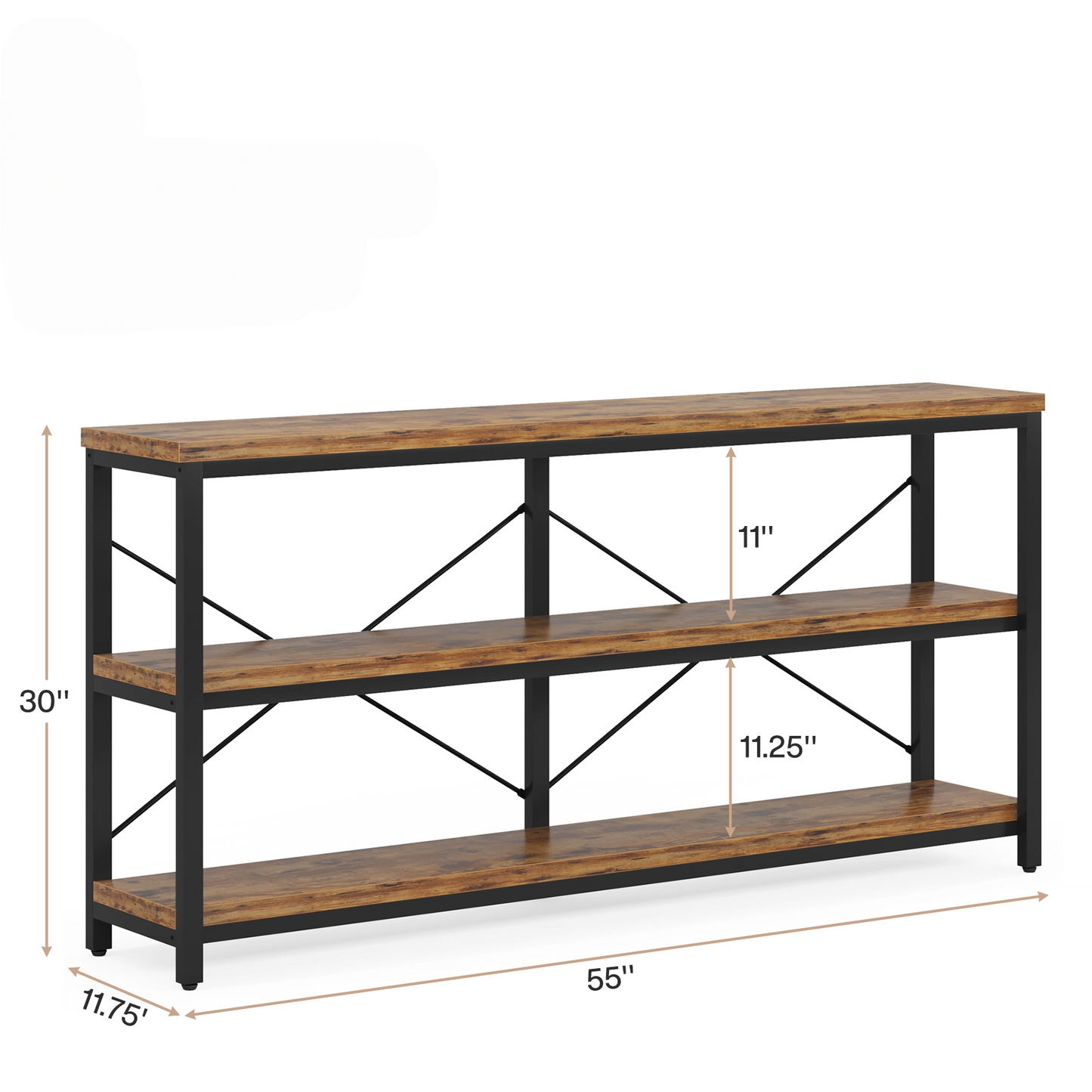55” Industrial Console Table with Storage Shelves – Rustic