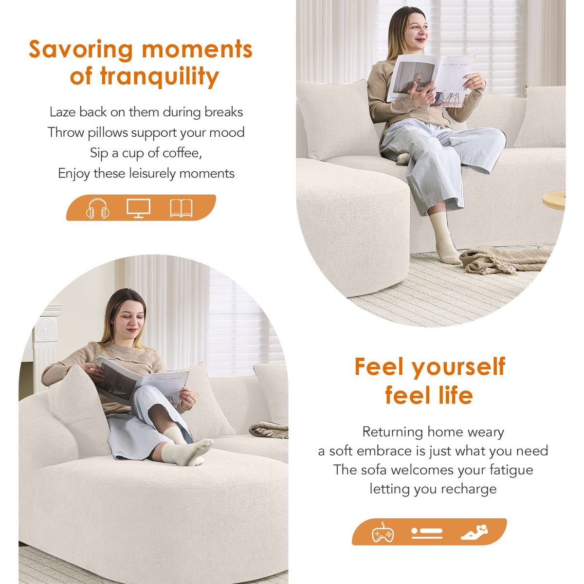 Boneless L-Shape Sectional Sofa with Curved Chaise