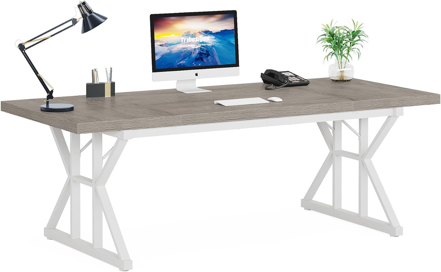 70.8 Inch Grey White Executive Desk Large Home Office