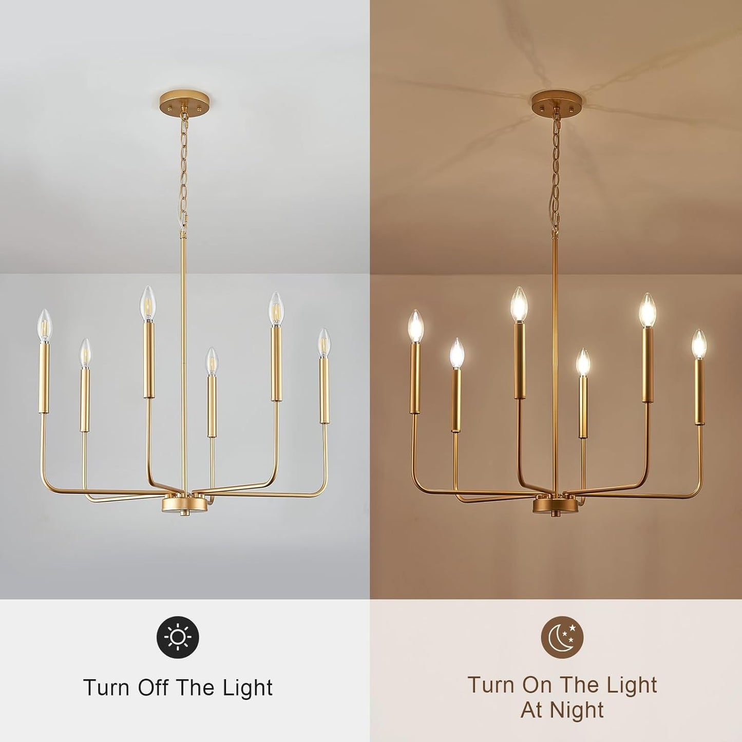 Gold 6 Light Candle Chandelier For Dining Room Modern with lights on and off comparison.
