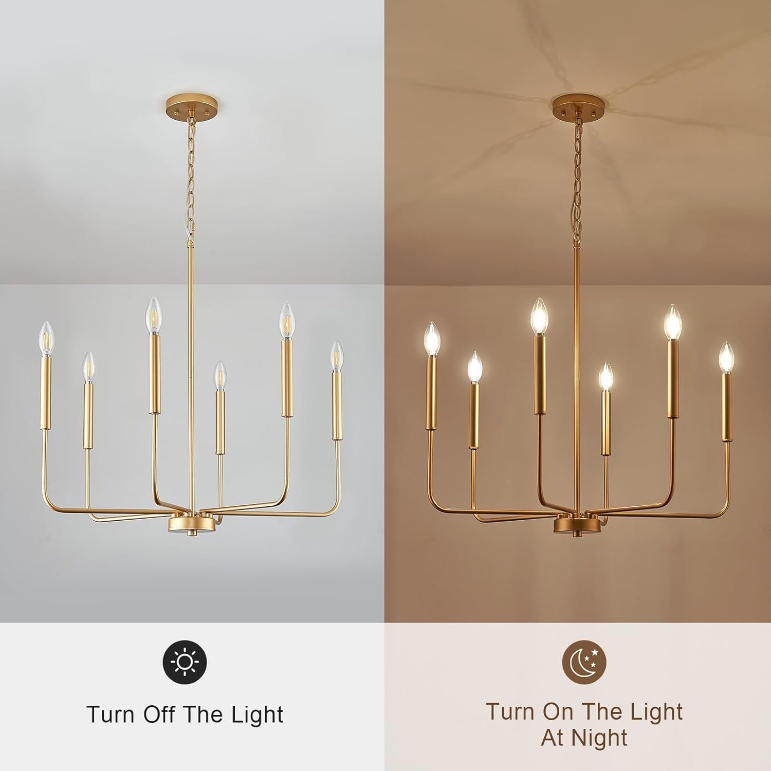 Gold 6 Light Candle Chandelier For Dining Room Modern with lights on and off comparison.