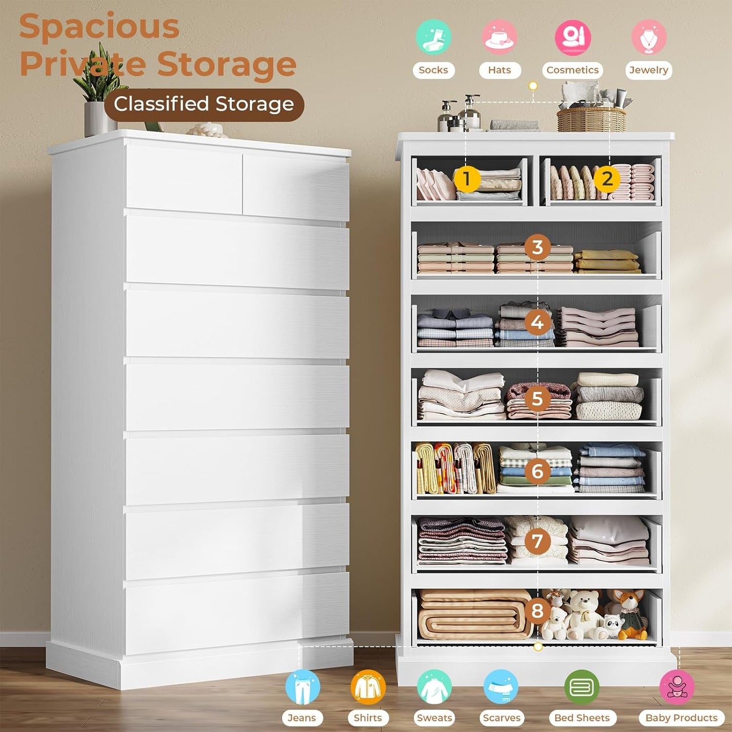 White Tall Dresser With 8 Drawers 59.7 Inch Vertical Bedroom Storage