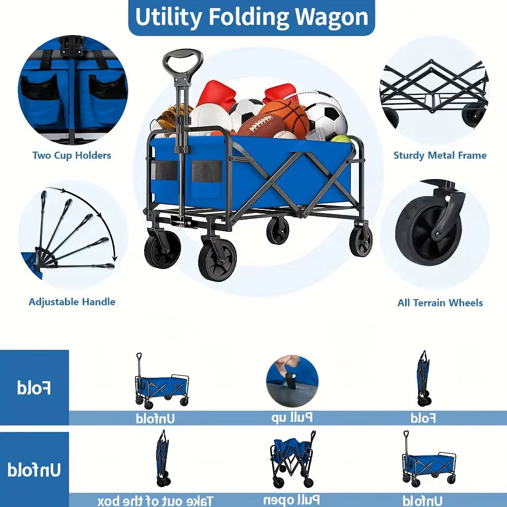 Wagon Cart Foldable Heavy Duty Utility Cart for Groceries, Sports, Gardening, Shopping Portable Folding Cart Foldable Cat