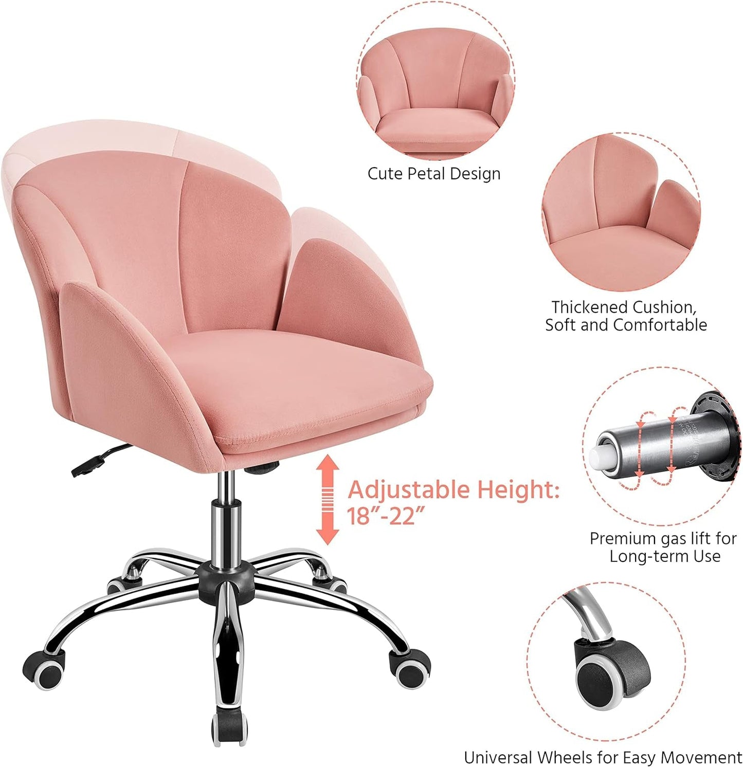 Pink Velvet Desk Chair With Wheels And Armrests Swivel Office Chair