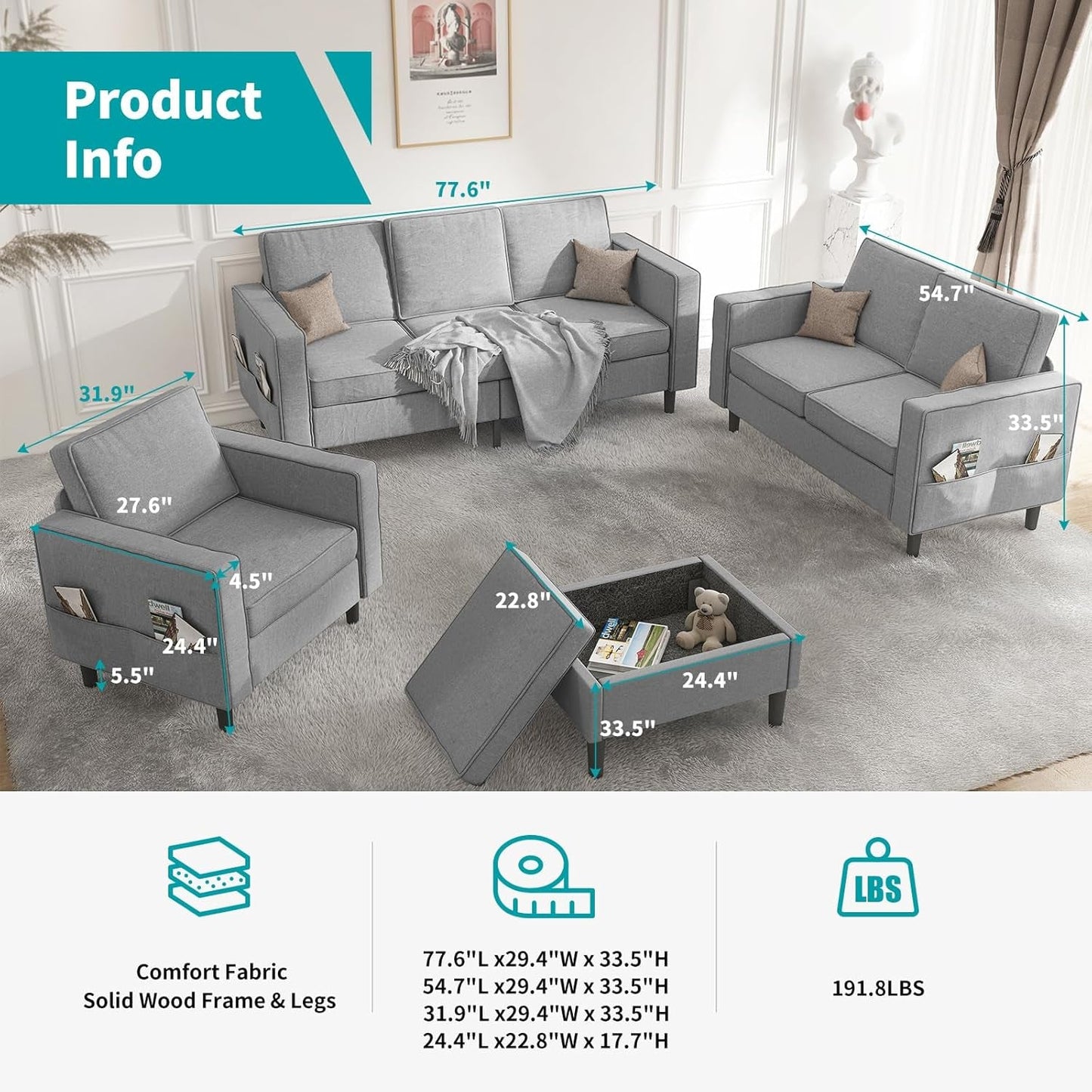 Light Grey Living Room Sofa Set With Movable Ottoman