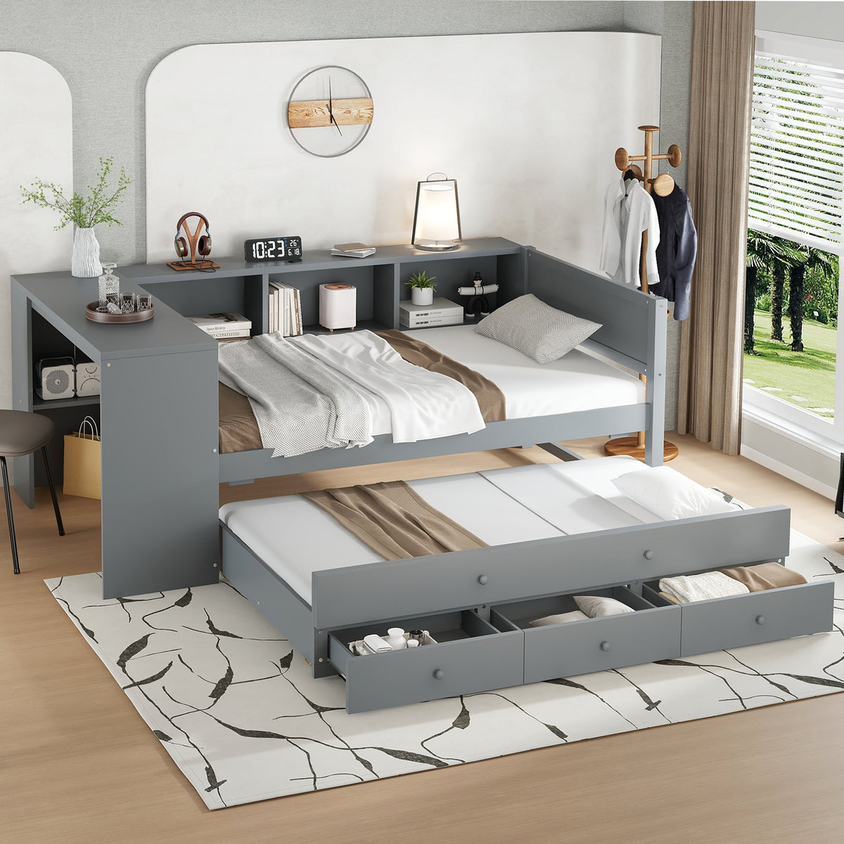 Twin Size Daybed with Trundle, Wood Frame and Storage