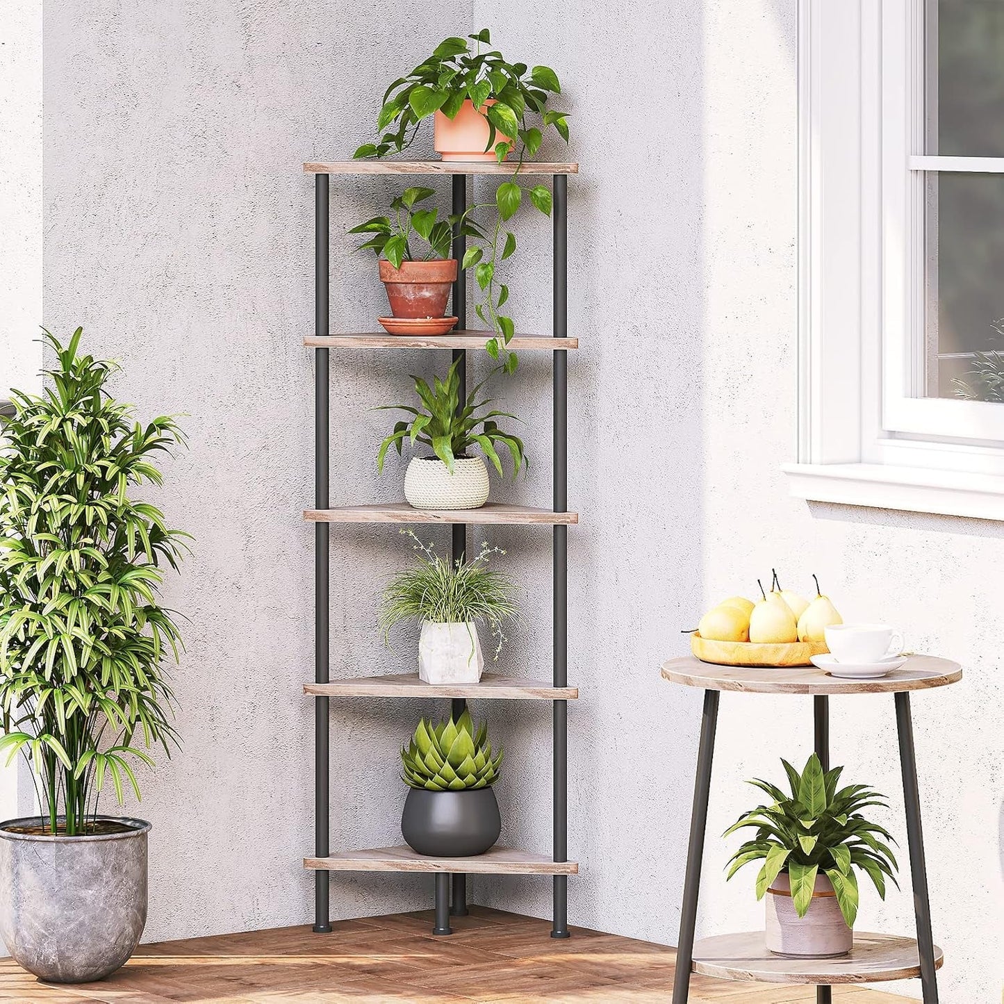 Industrial 5 Tier Corner Shelf Stand With Metal Frame