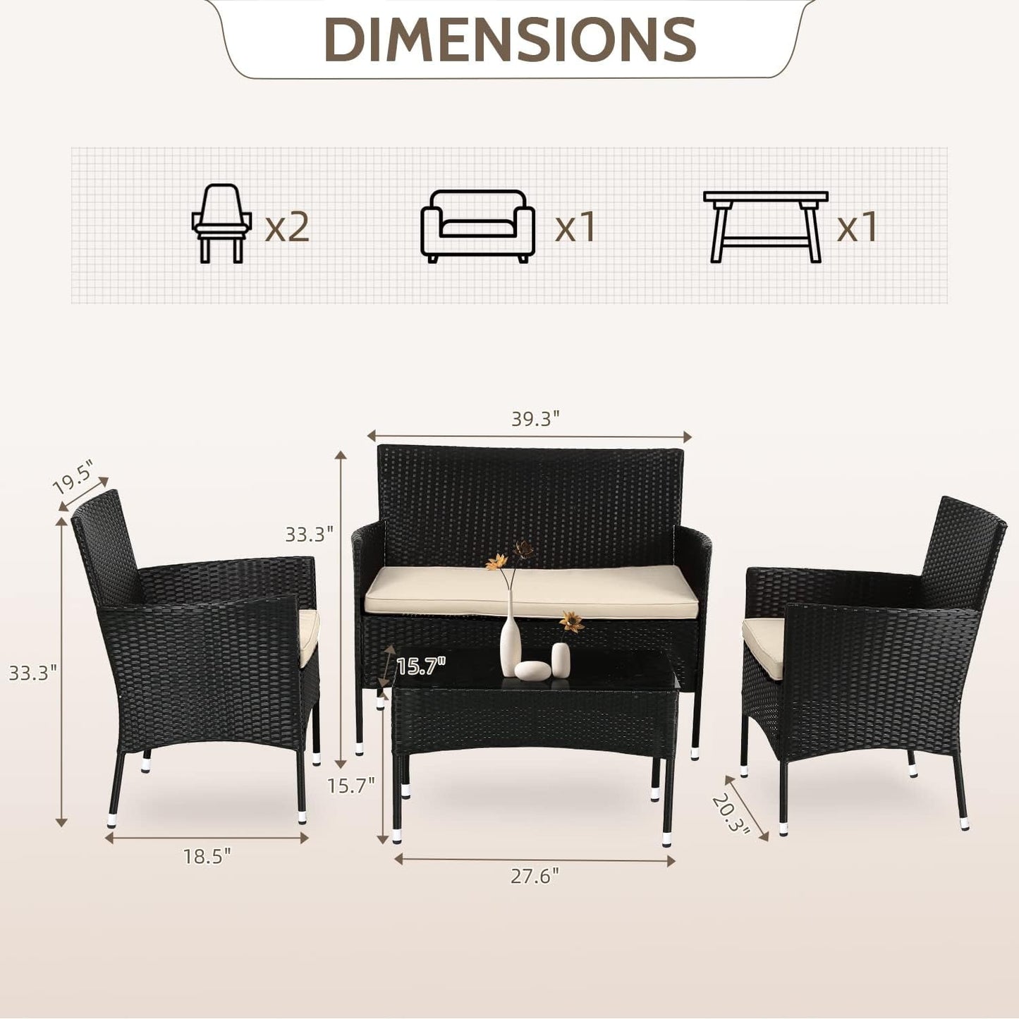 Outdoor Rattan 4 Piece Patio Furniture Conversation Set