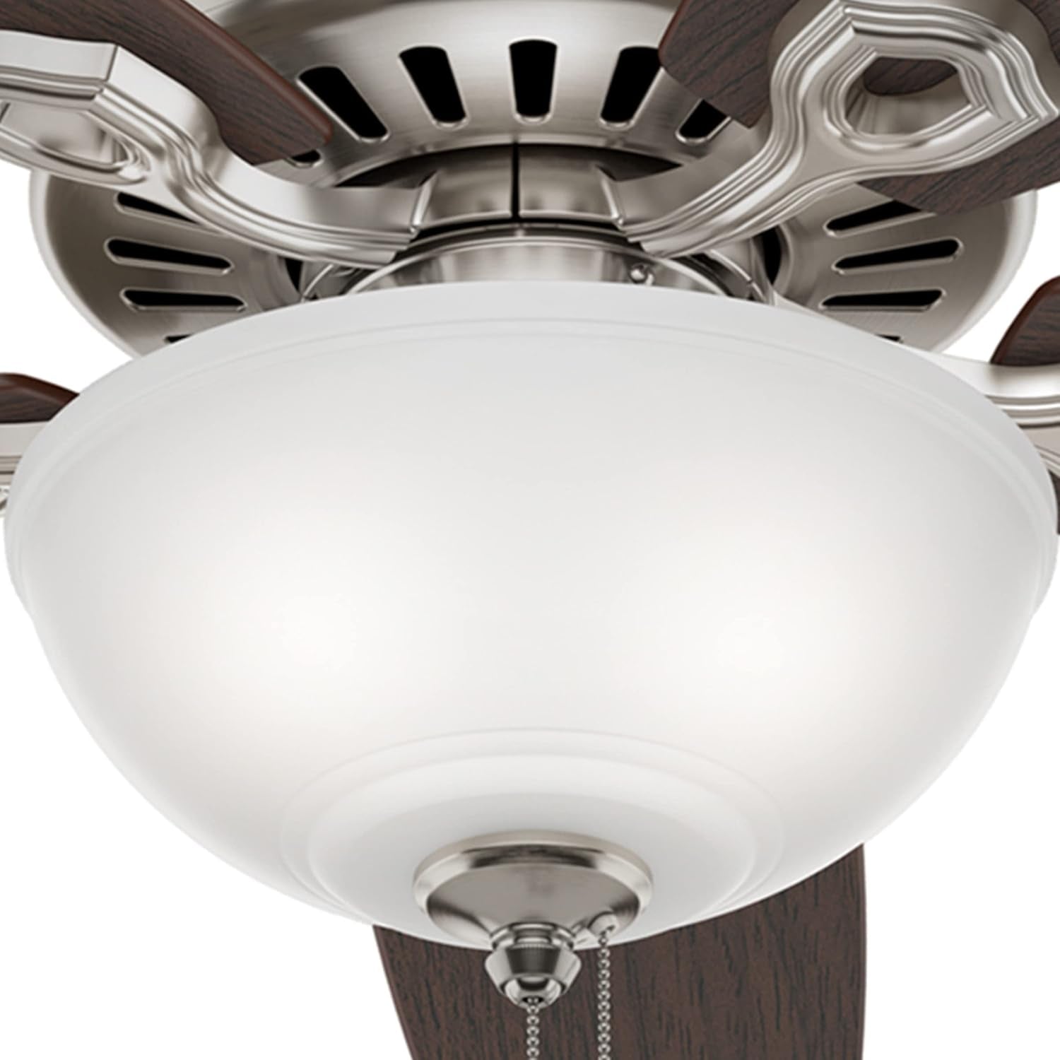 Builder Deluxe 52 Inch Brushed Nickel Indoor Ceiling Fan light fixture with white glass shade and brushed nickel finish.