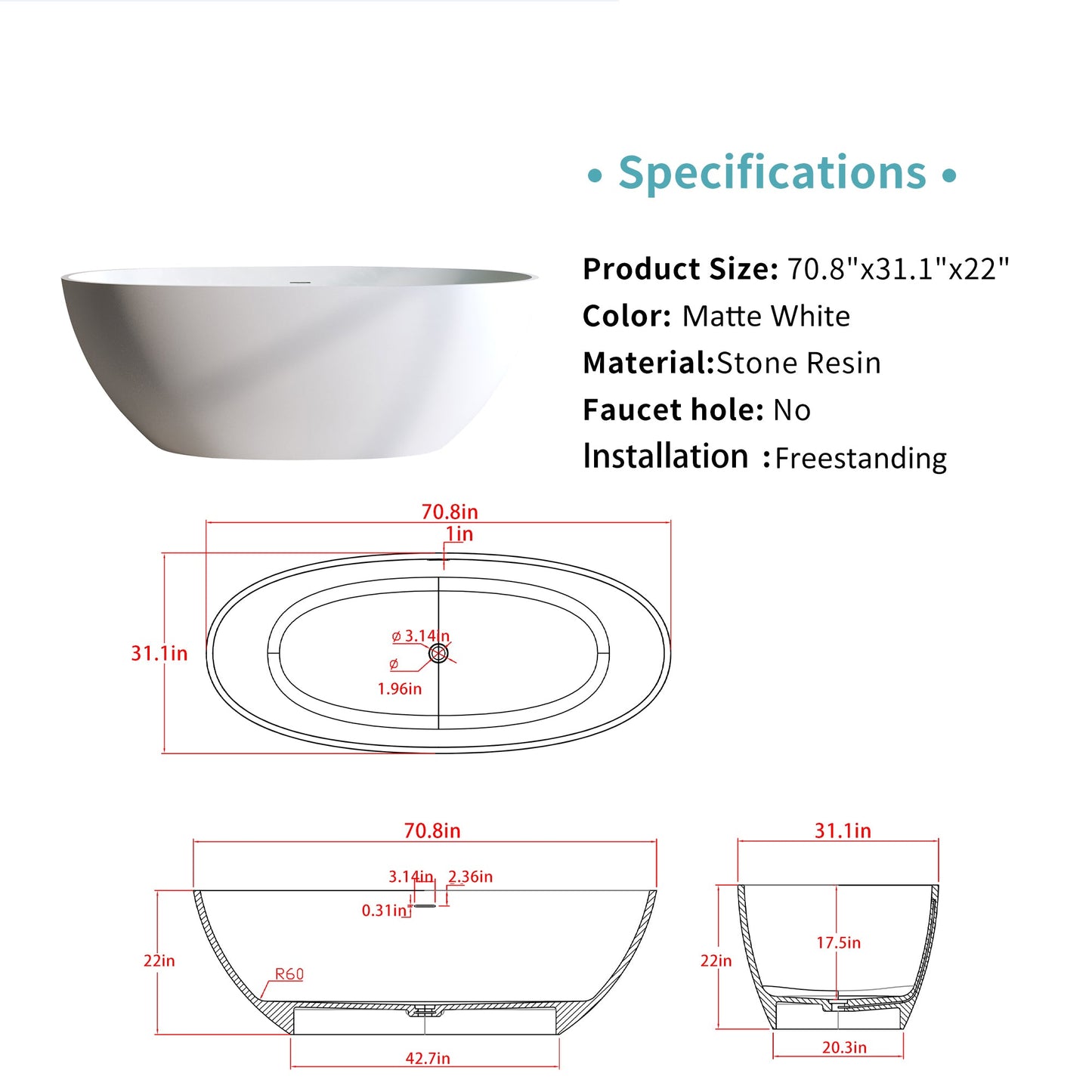 Solid Surface Matte Tub - 70.8" Freestanding Bathtub