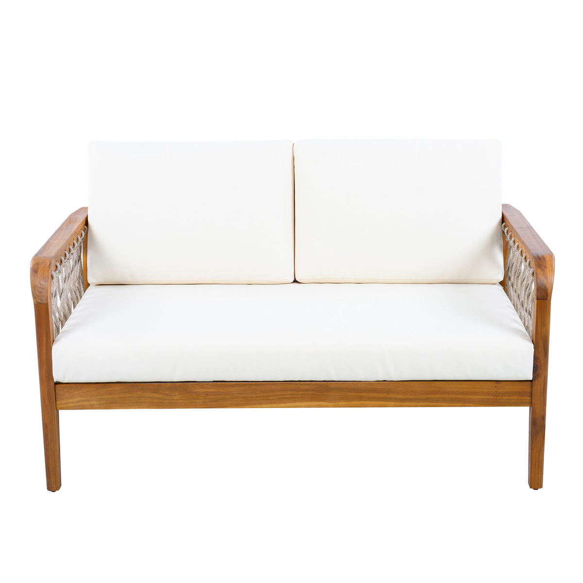 Outdoor Acacia Wood Loveseat & Coffee Table Set with Handwoven Rope