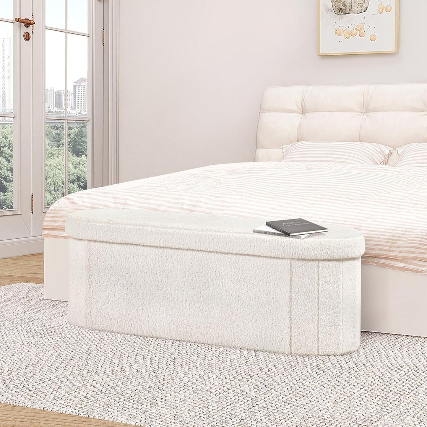 Sherpa Lined Folding Storage Ottoman 43.3 Inch White