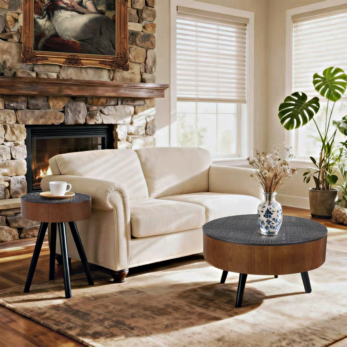 31.5" Round Carved Coffee Table with Storage Space