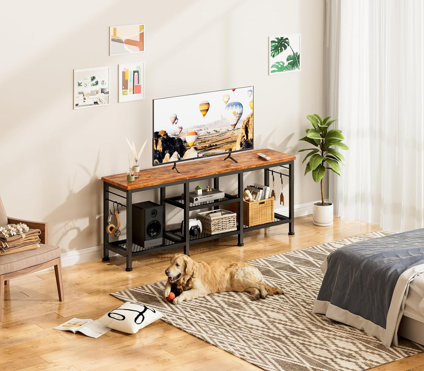 Rustic Brown TV Stand For 55 Inch With Open Storage Shelves