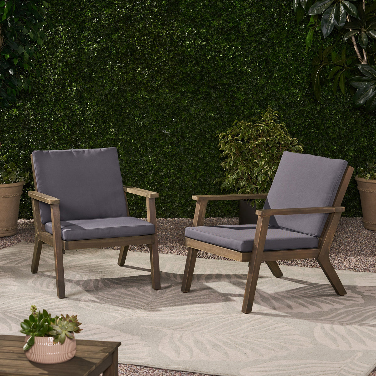 Outdoor Acacia Wood Club Chairs with Cushions (Set of 2)