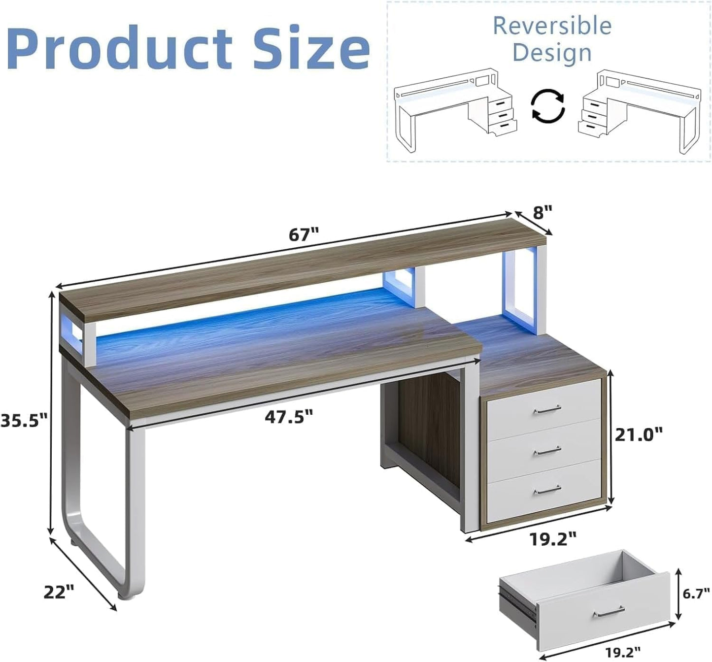 67 nch White Walnut Computer Desk With LED Lighting