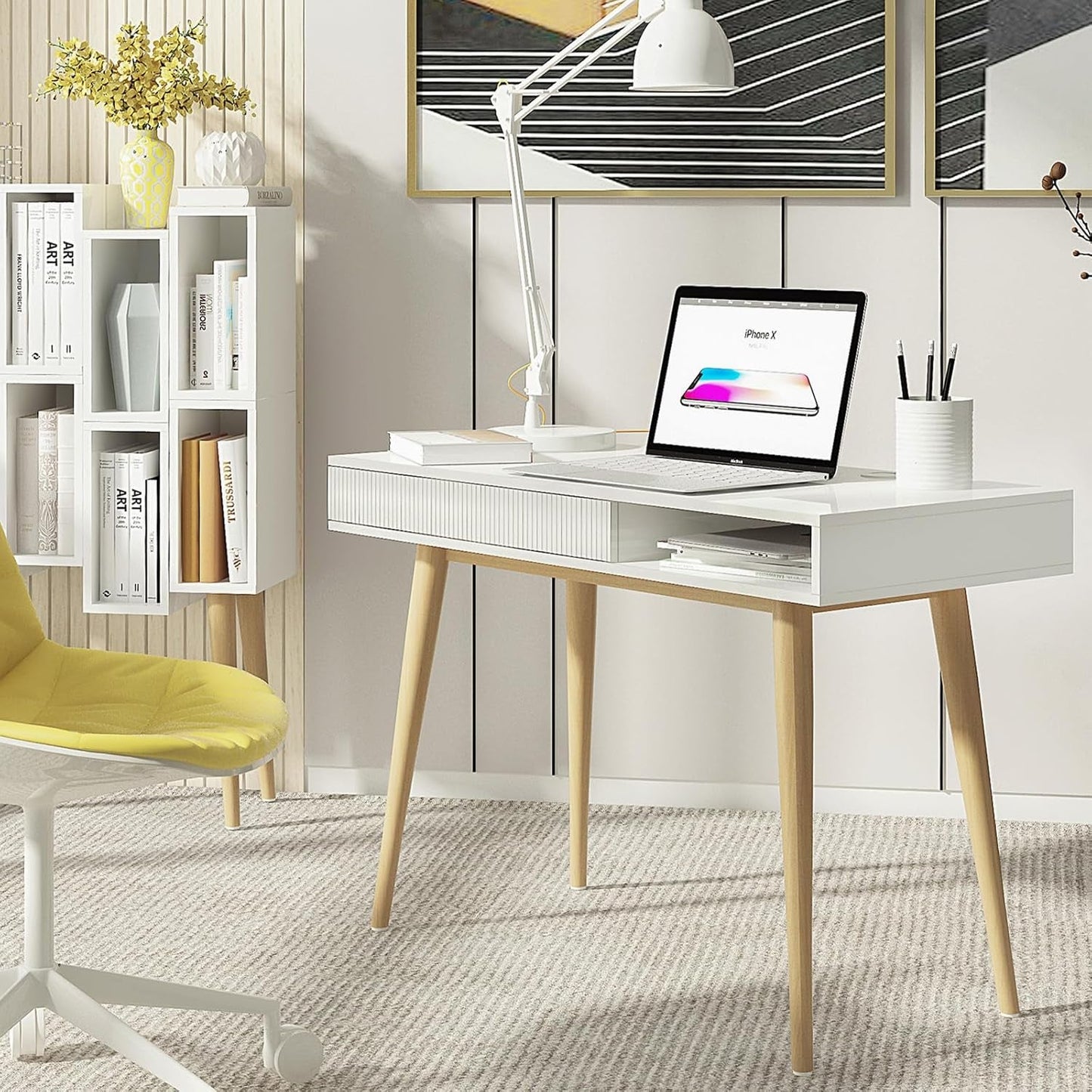 White Mid Century Modern Desk With Hidden Drawer For Home Office