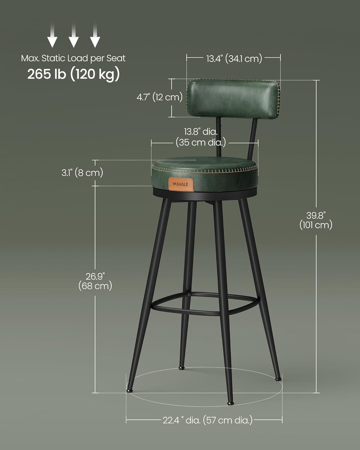 Forest Green 30 Inch Bar Stools Set Of 2 For Kitchen