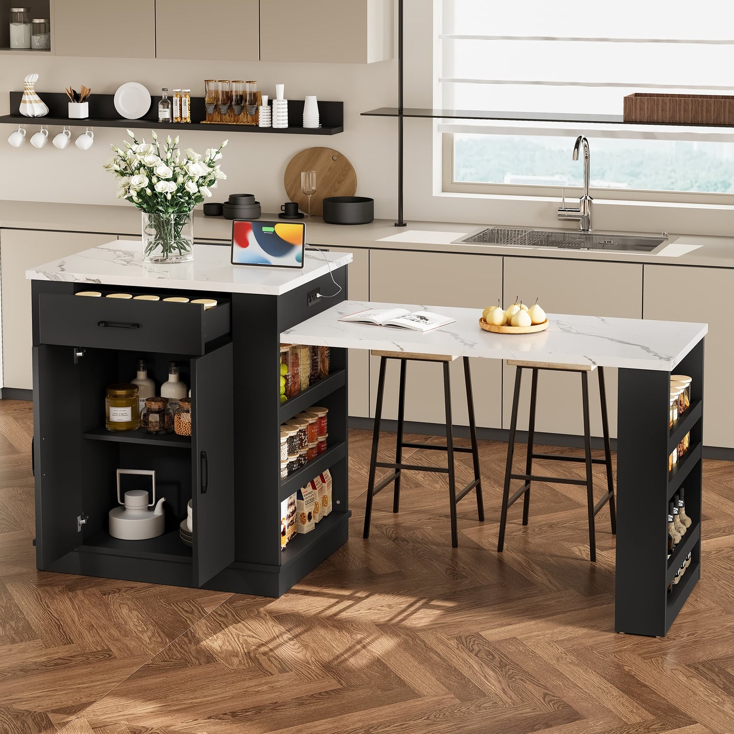 Extendable Island Console with Drawers, Double-Door Cabinet & Open Shelving
