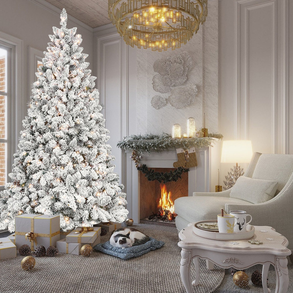 4FT Flocked Christmas Tree with 150 UL Lights and 21 Pine Cones