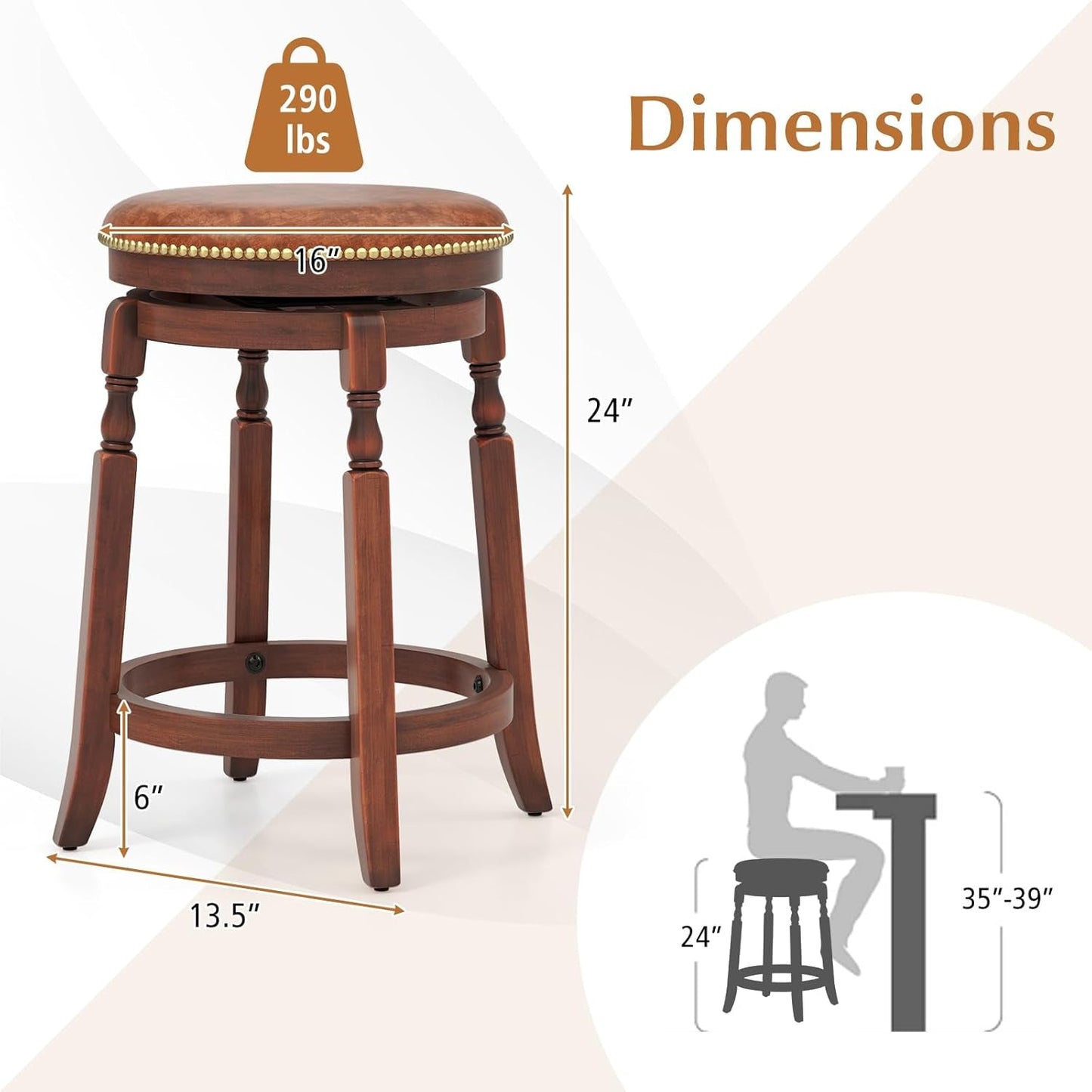 24 Inch Swivel Bar Stool Set Of 2 With Upholstered Seat And Rubber Wood Frame For Kitchen Island