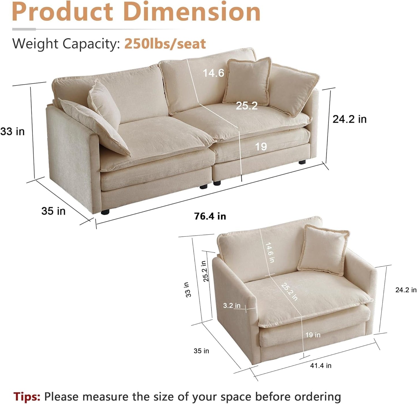 Light Coffee Chenille 2 Piece Loveseat Couch And Armchair