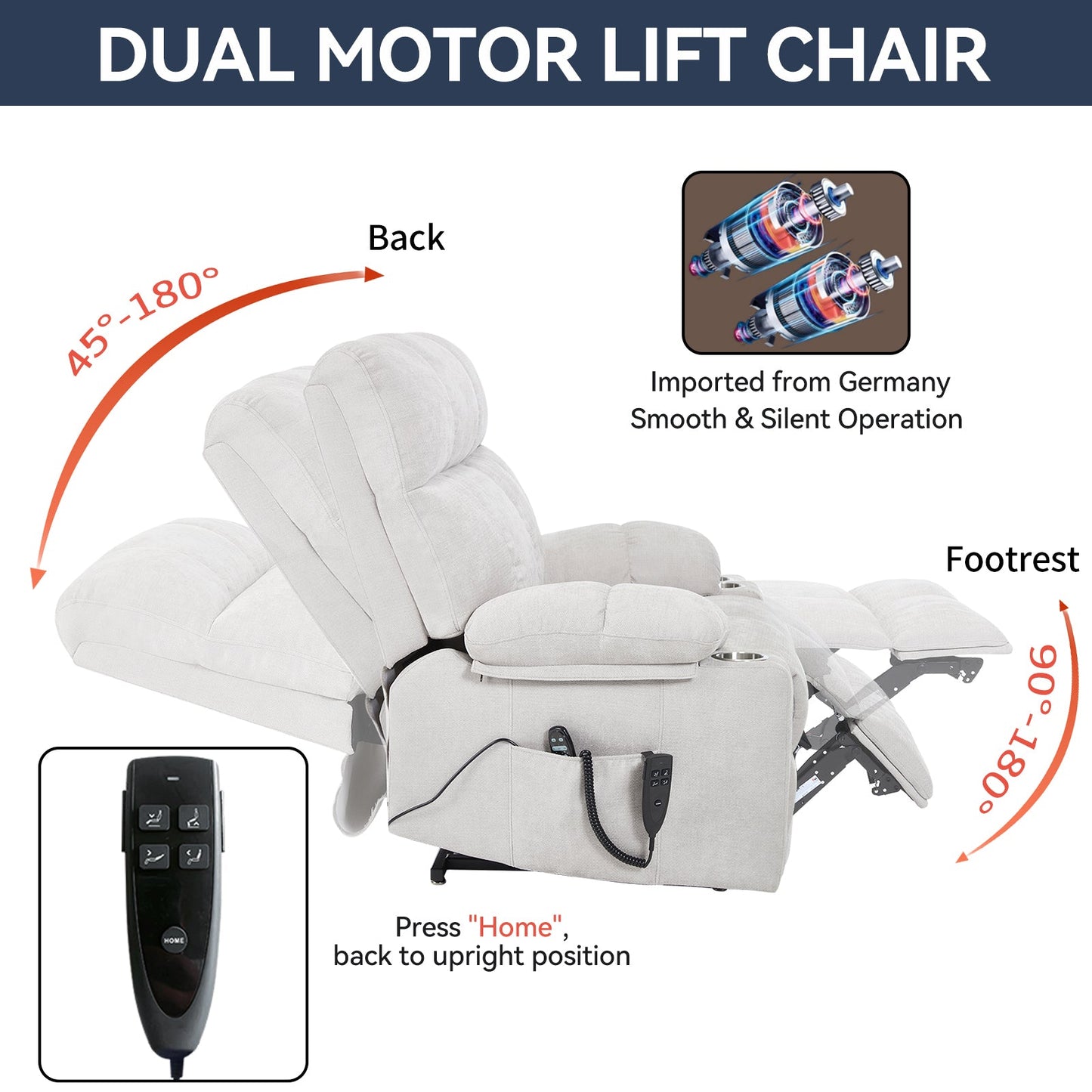Beige Dual Motor Infinite Position Up to 350 LBS Chenille Power Lift Recliner Chair, Heavy Duty Motion Mechanism with 8-Point Vibration Massage and Lumbar Heating, Dual Cup Holders