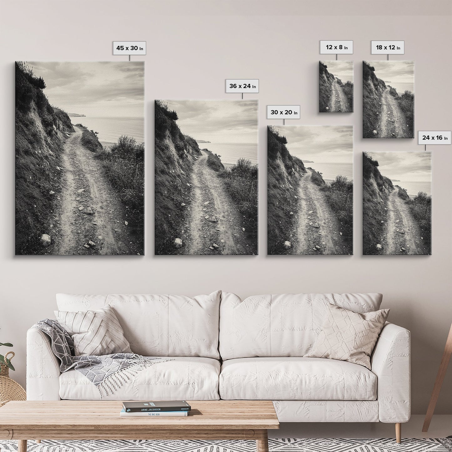 Coastal Cliff Path, Tranquil Trail, Black and White Landscape, Nature Lover Gift, Framed Canvas Print, Entryway Wall Art, Rustic Boho Art