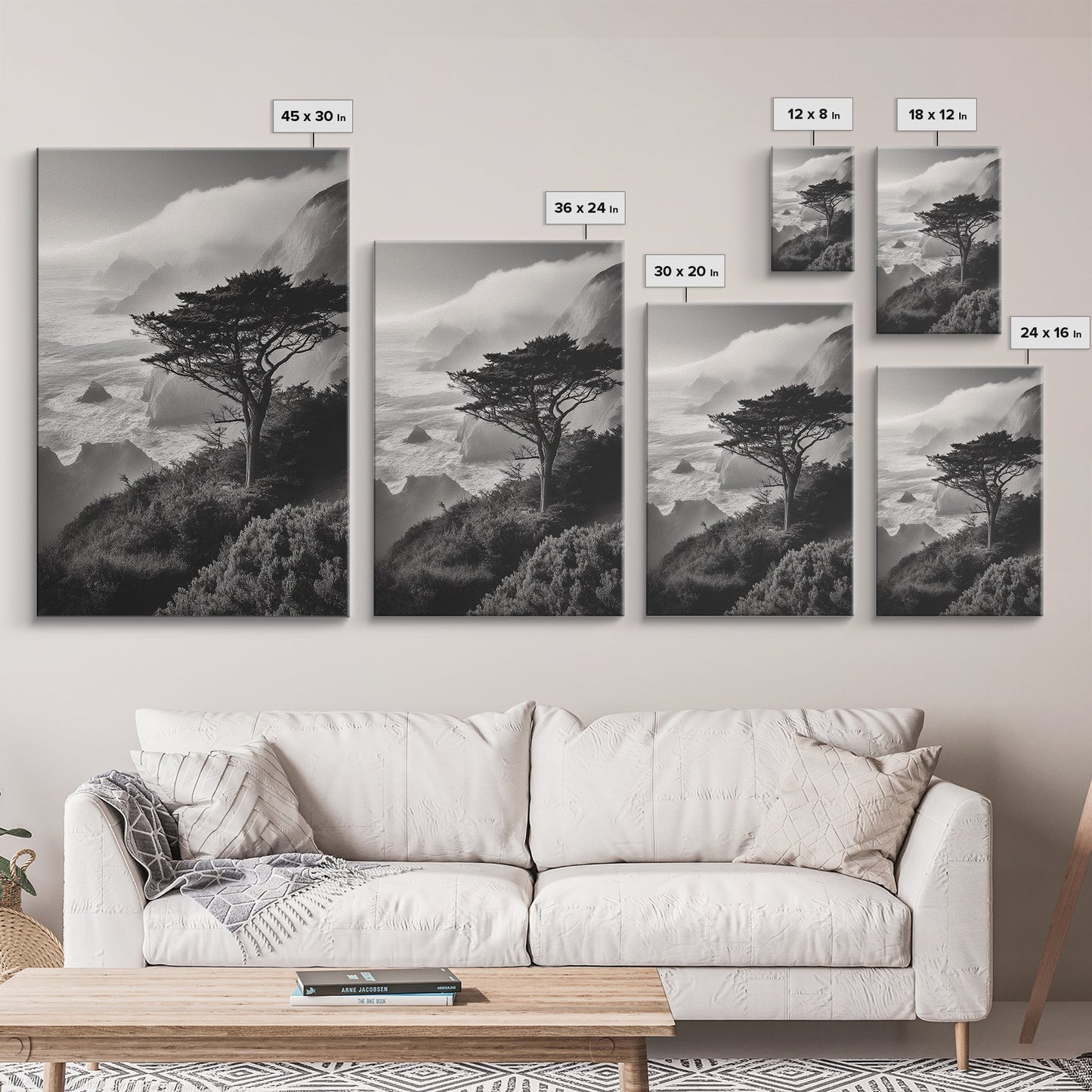 Tree On Cliffs, Foggy Coastline, Monochrome Coastal View, Moody Nature Scene, Framed Canvas Print, Bedroom Wall Art, Earthy Minimalist Decor