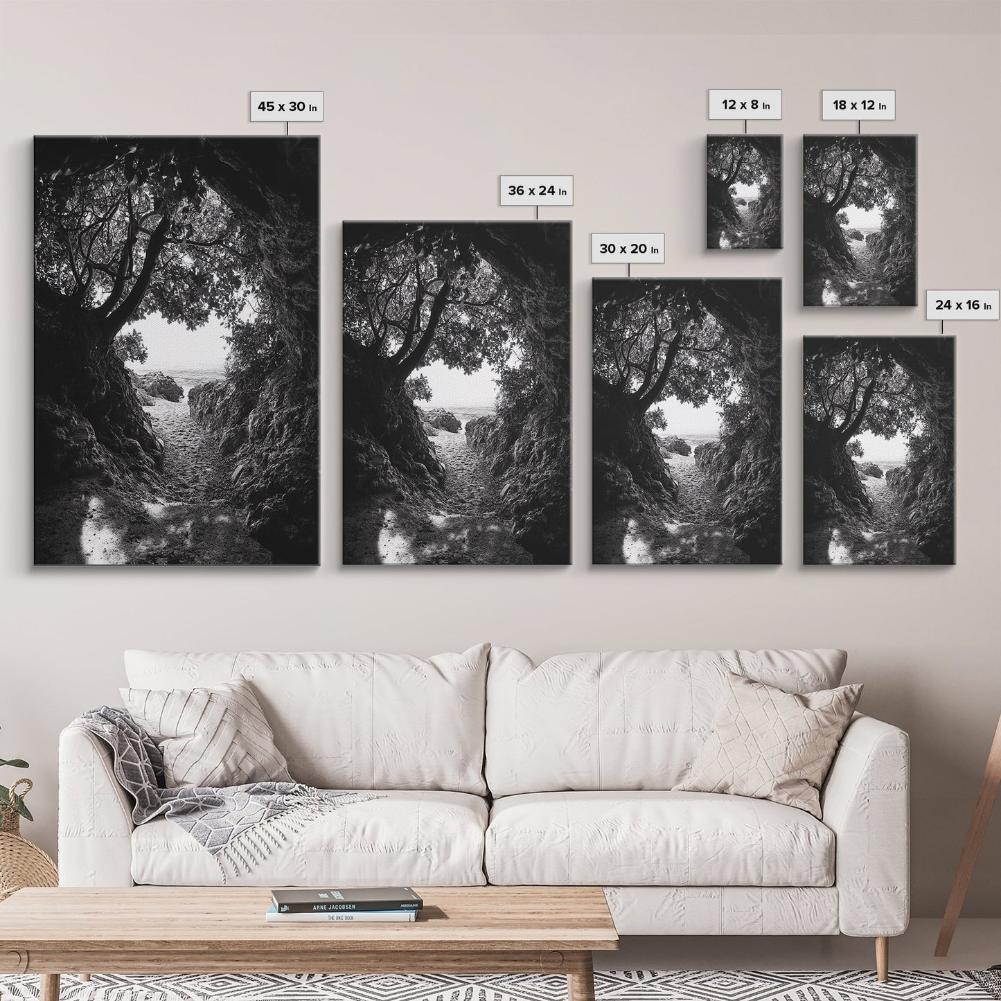 Hidden Beach, Cave Entrance, Secret Shoreline, Natural Light, Canvas Print, Bathroom Wall Decor, Travel Inspired Art, Black And White