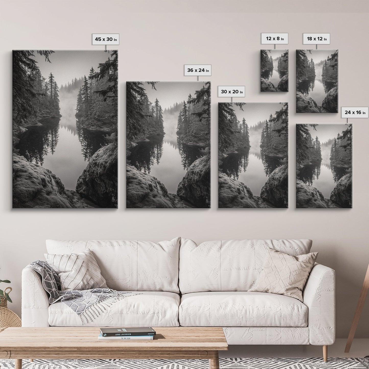 Misty Forest, River Reflection, Foggy Pines, Mountain Silence, Framed Canvas Print, Bedroom Wall Art, Tranquil Nature Photography, Zen Decor
