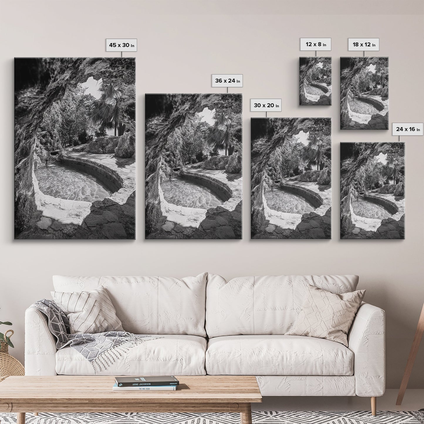 Hidden Pool Grotto, Tropical Oasis, Black and White Photo, Canvas Print, Spa Bathroom Art, Zen Vibes, Modern Nature Wall Decor