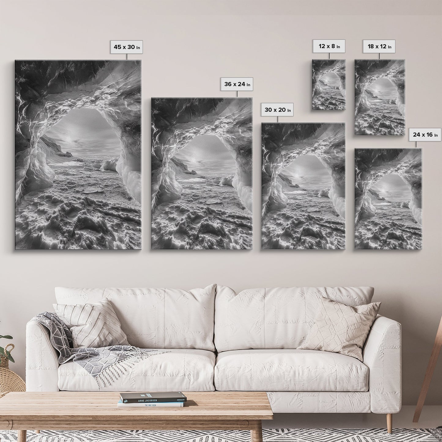 Ice Cave Opening, Winter Wonderland, Arctic Light, Framed Canvas Print, Bedroom Wall Art, Nordic Landscape, Minimalist Winter Art