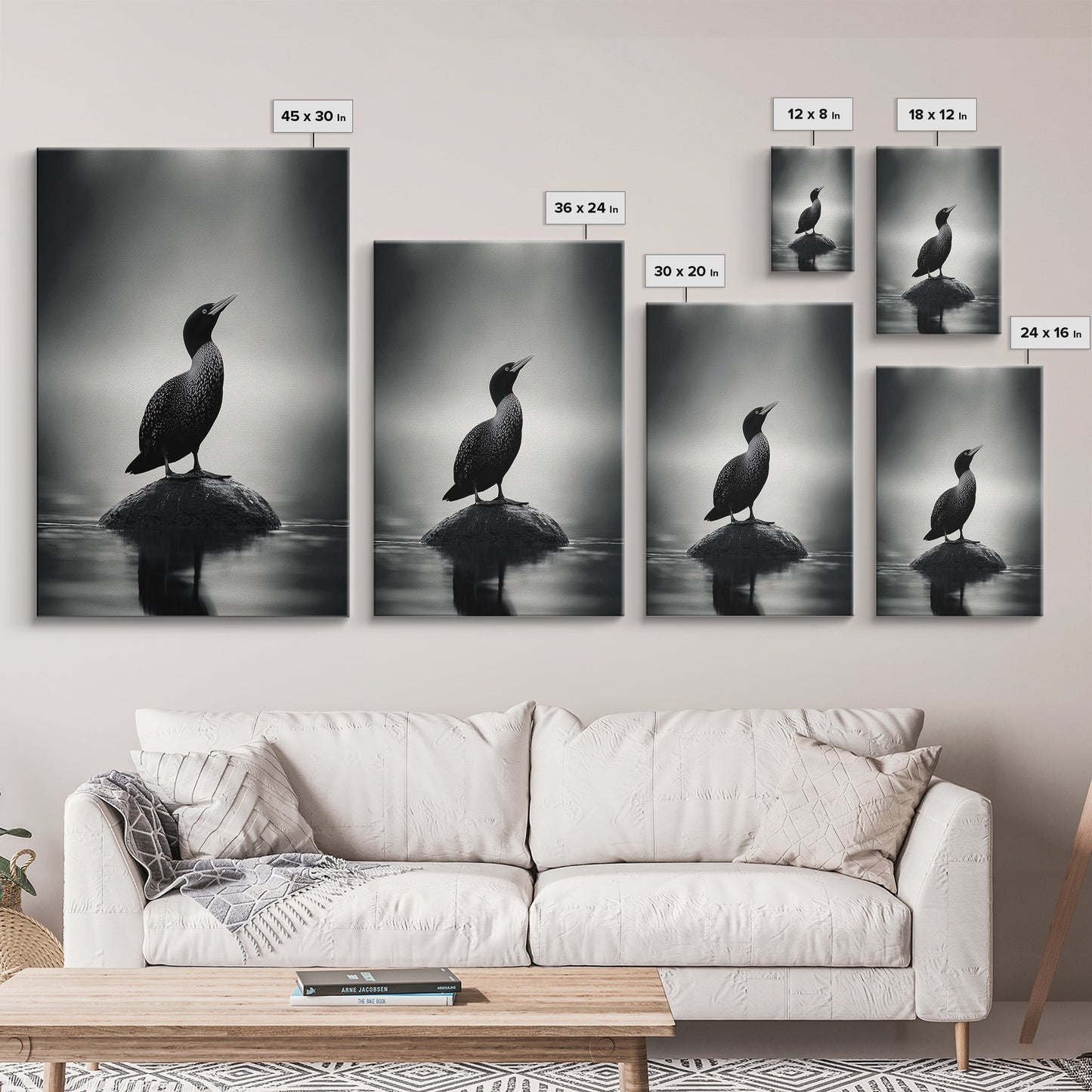 Loon on Rock, Morning Mist, Water Bird Focus, Canvas Print, Minimalist Animal Art, Office Decor, Tranquil Lake Scene Wall Art