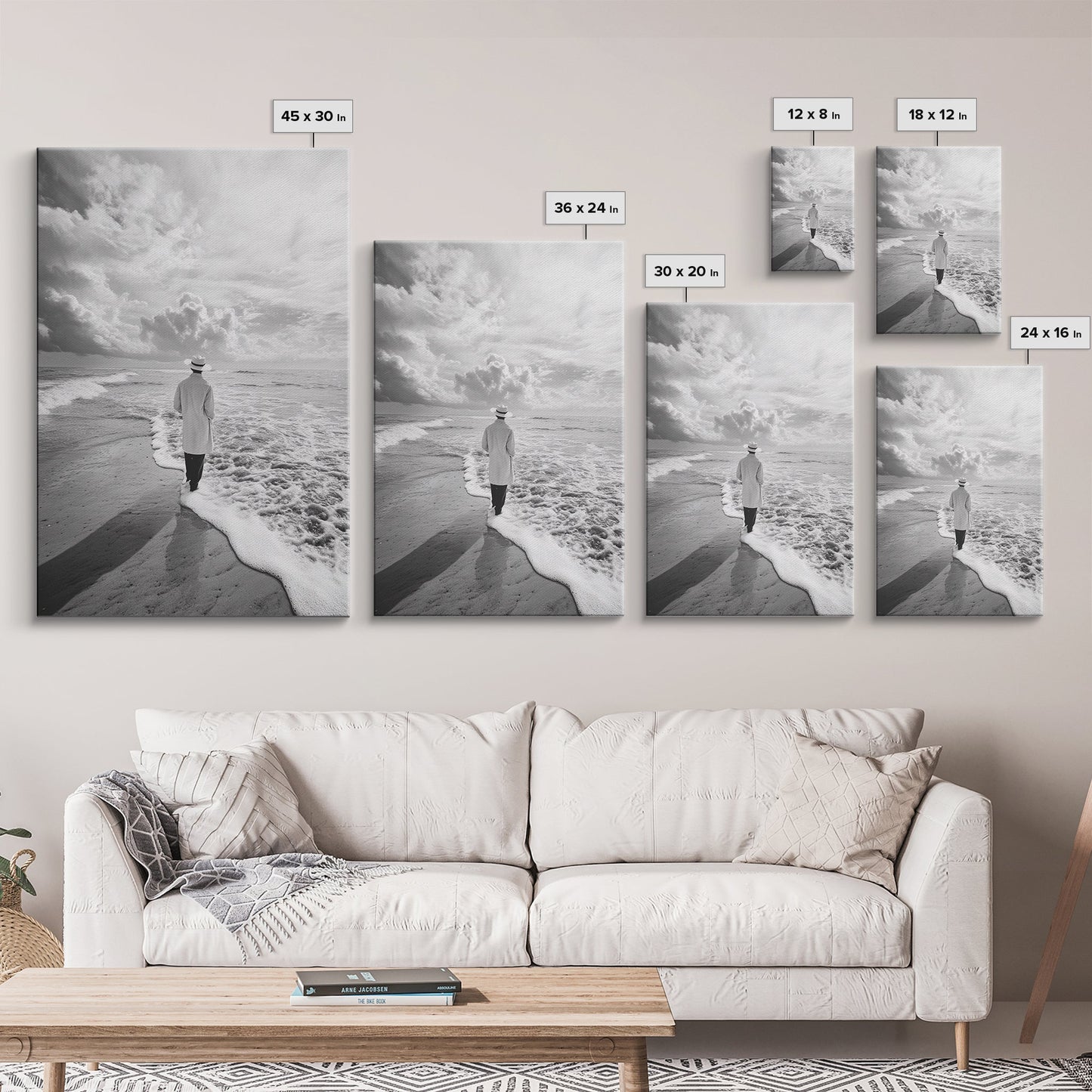 Man On Shore, Thoughtful Walk, Ocean Wanderer, Framed Canvas Print, Minimalist Fall Art, Bedroom Decor, Moody Coastal Scene