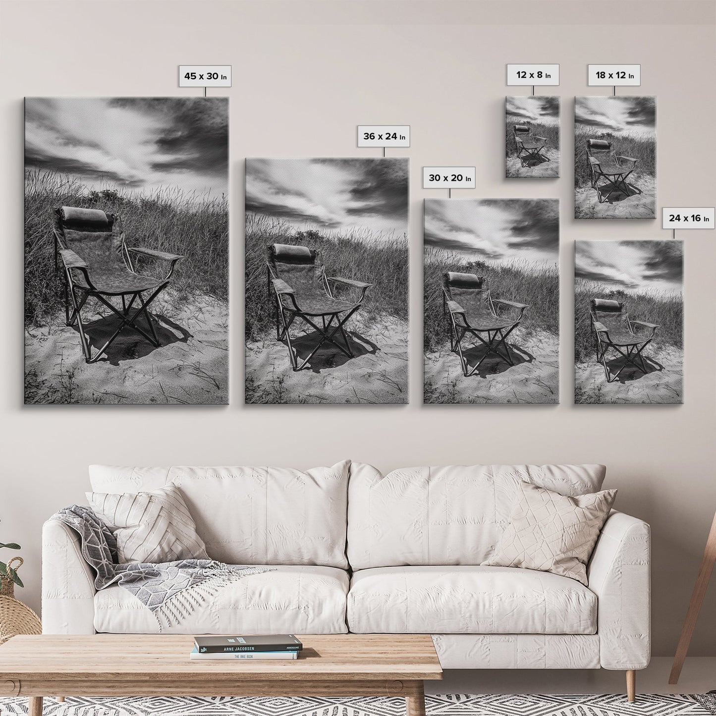 Deserted beach chair, quiet coast vibes, windswept scene, peaceful solitude, Canvas Print, hallway decor, rustic retreat outdoor artwork