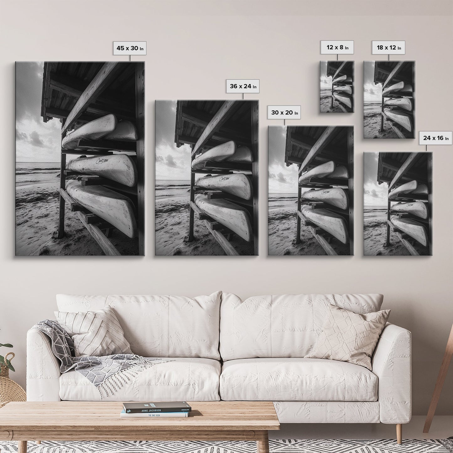 Canoes, Rack, Ocean, Shelter - Surf shack vibes with coastal canoe stack, Framed Canvas Print, great beach house or boho hallway art, grayscale