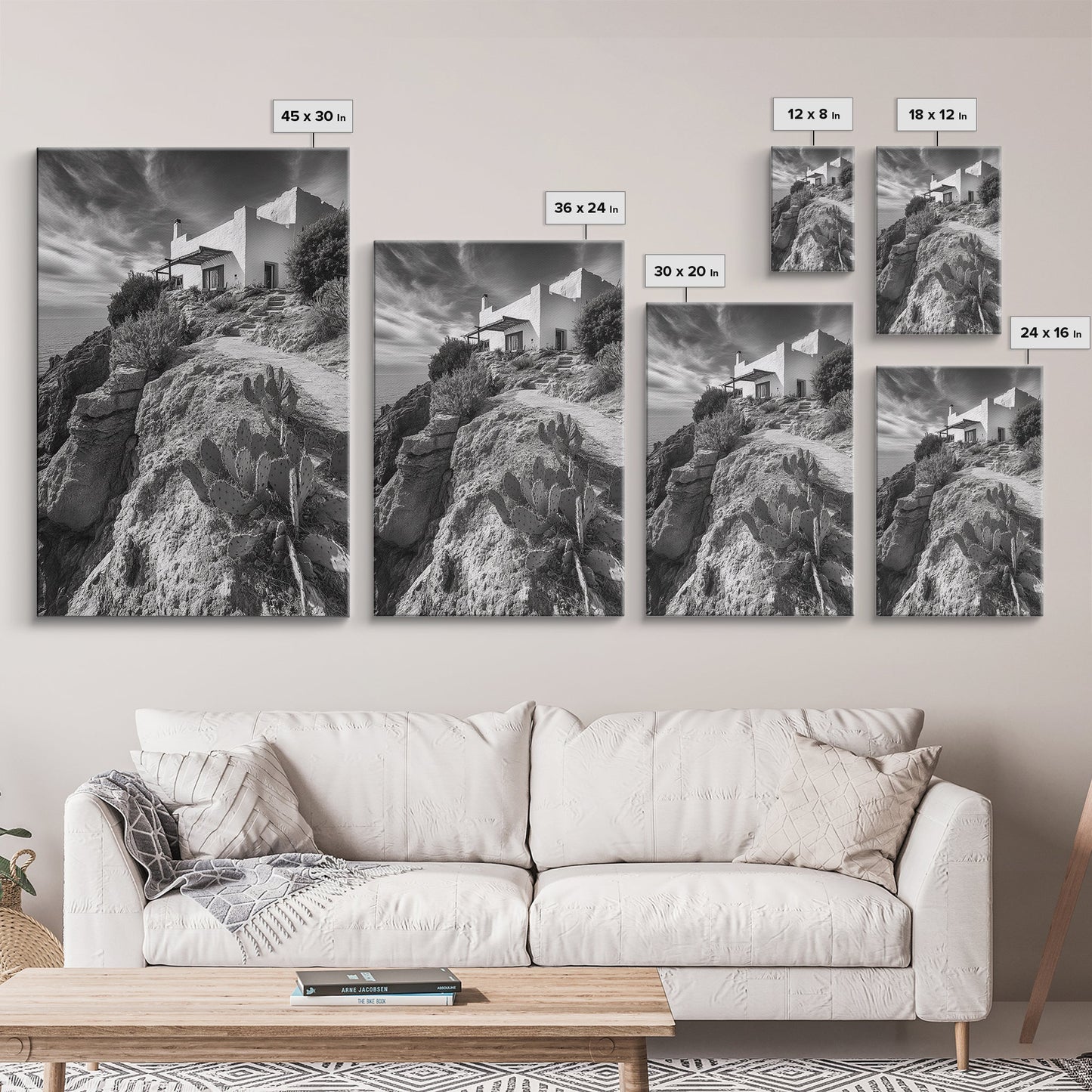 Cliffside Villa, Mediterranean Home, Desert Garden, Rustic Landscape Print, Framed Canvas Print, Modern Boho Living Room Art