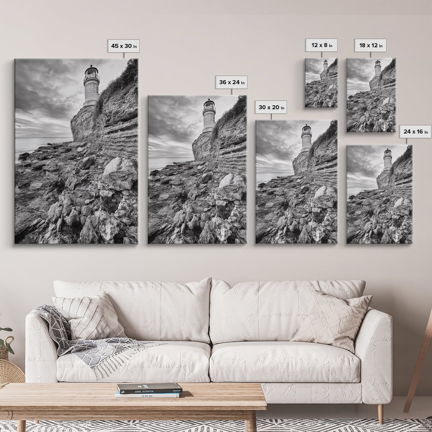 Lighthouse Beacon, Rocky Shoreline, Nautical Coastal Scene, Framed Canvas Print, Ocean View Art, Seaside Living Room Wall Decor